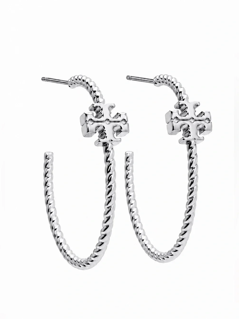 Tory Burch Silver Tone Twisted Hoop Earrings Logo Butterfly Back